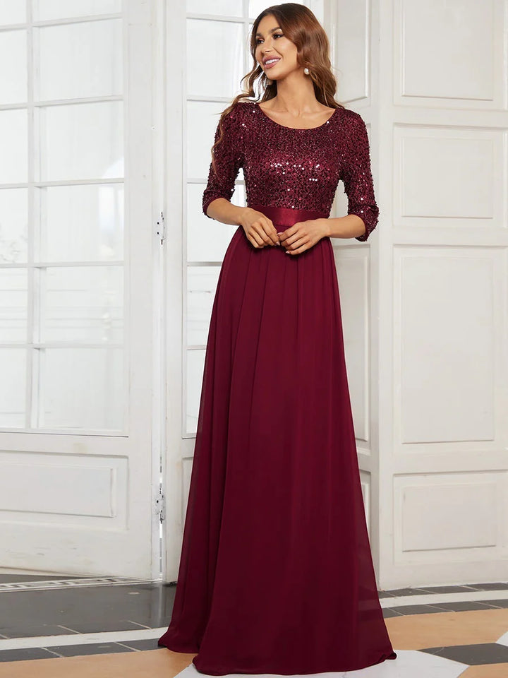 Sequin Top Three Quarter Sleeve Evening Dress - CALABRO®