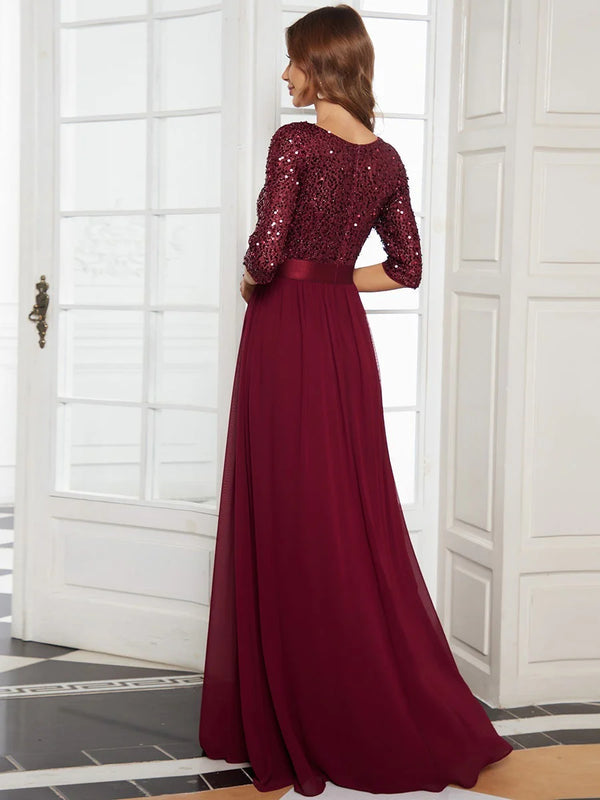 Sequin Top Three Quarter Sleeve Evening Dress