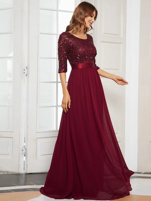 Sequin Top Three Quarter Sleeve Evening Dress