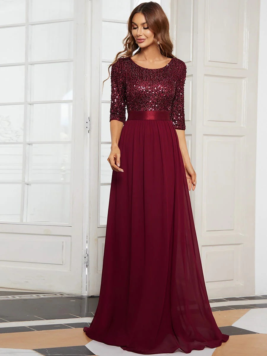 Sequin Top Three Quarter Sleeve Evening Dress - CALABRO®