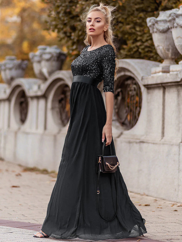 Sequin Top Three Quarter Sleeve Evening Dress