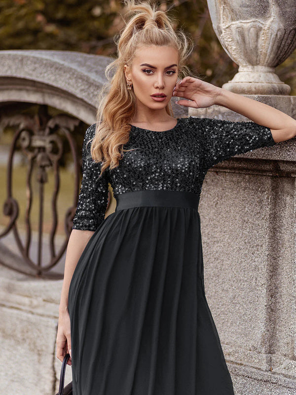 Sequin Top Three Quarter Sleeve Evening Dress