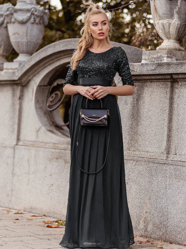 Sequin Top Three Quarter Sleeve Evening Dress