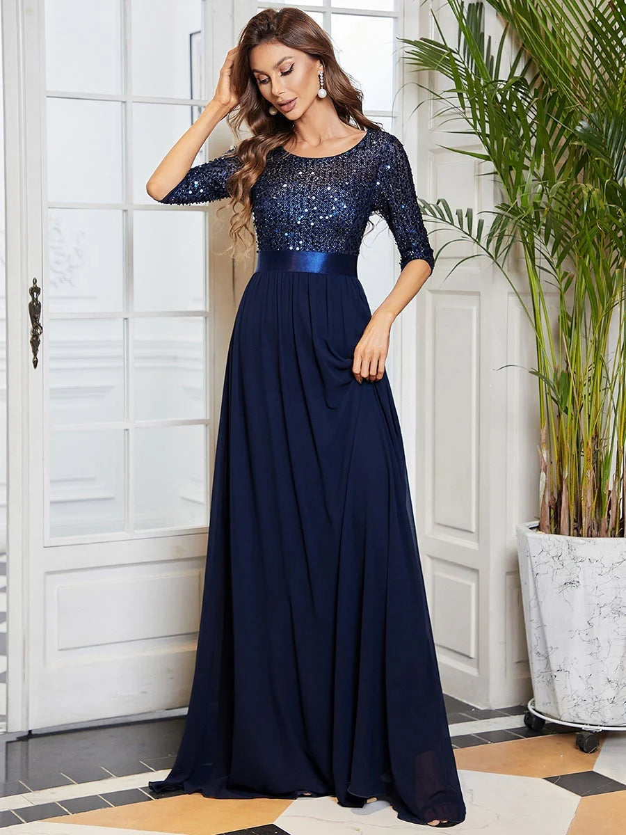 Sequin Top Three Quarter Sleeve Evening Dress - CALABRO®