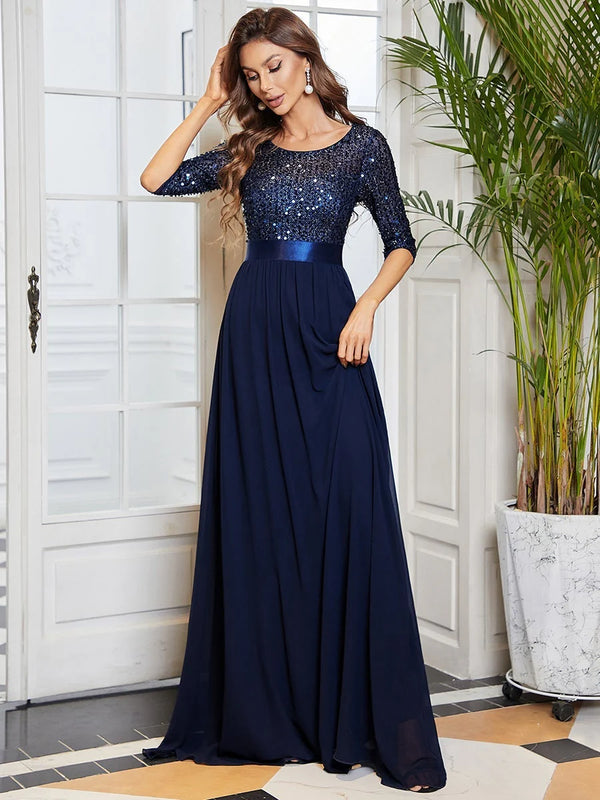 Sequin Top Three Quarter Sleeve Evening Dress