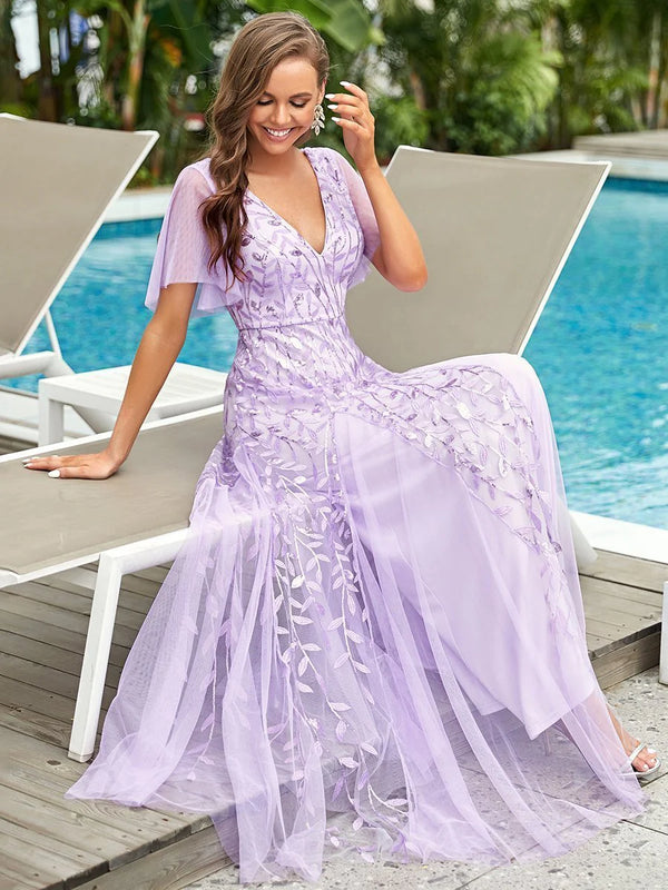V-Neck Sequinned Butterfly Sleeve Bridesmaid Dress