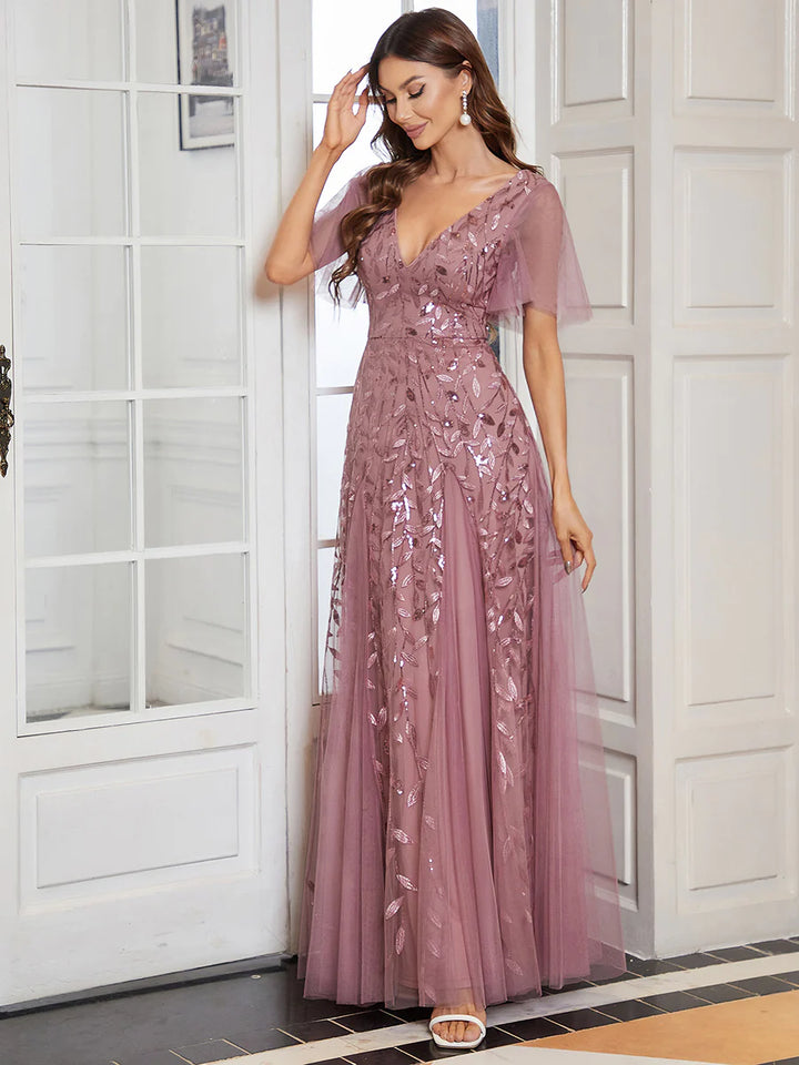 V-Neck Sequinned Butterfly Sleeve Bridesmaid Dress - CALABRO®