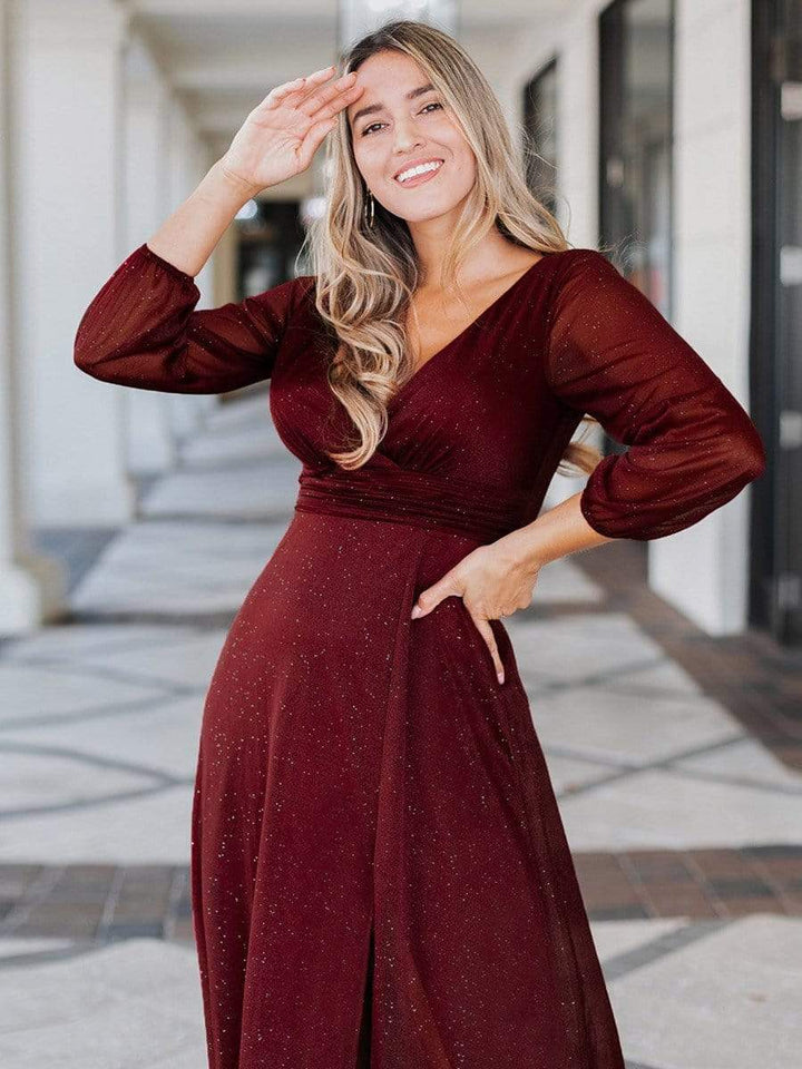 Sexy V-Neck Shiny Evening Dresses With Long Sleeve