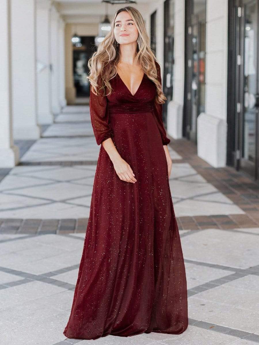 Sexy V-Neck Shiny Evening Dresses With Long Sleeve