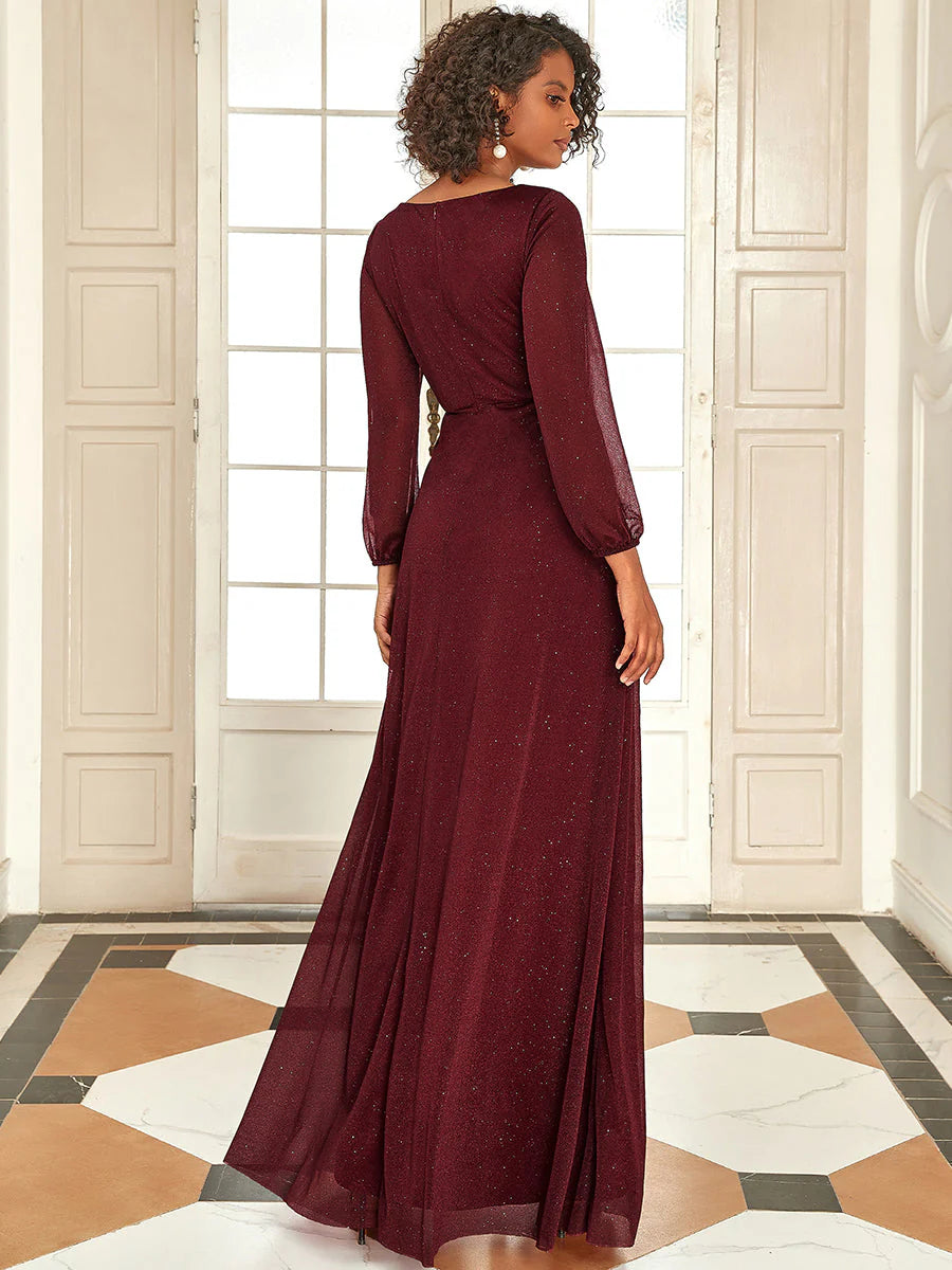 Sexy V-Neck Shiny Evening Dresses With Long Sleeve