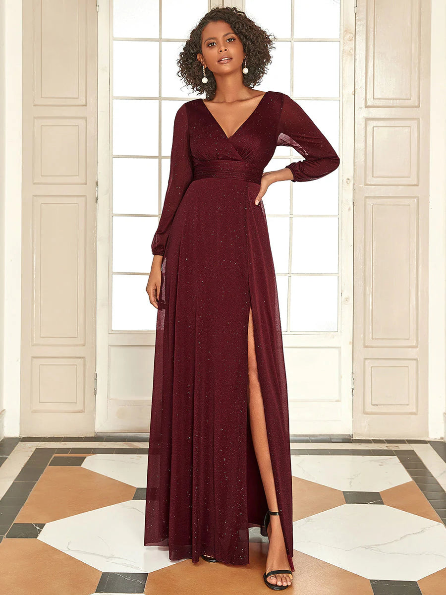 Sexy V-Neck Shiny Evening Dresses With Long Sleeve