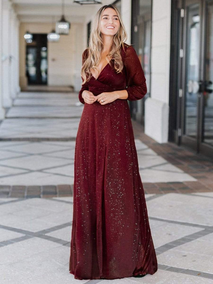 Sexy V-Neck Shiny Evening Dresses With Long Sleeve