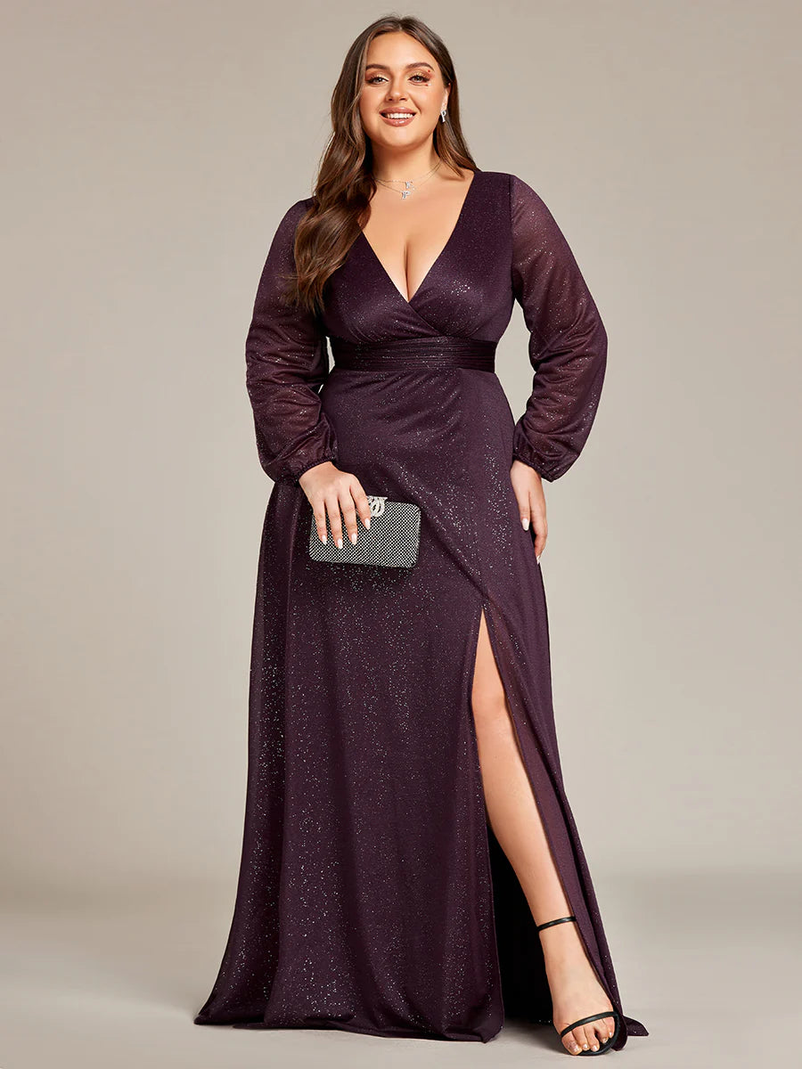 Long Sleeve V-Neck Thigh Slit Bridesmaid Dress - CALABRO®