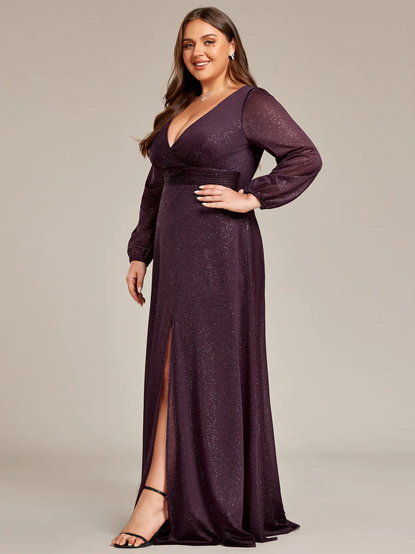 Long Sleeve V-Neck Thigh Slit Bridesmaid Dress