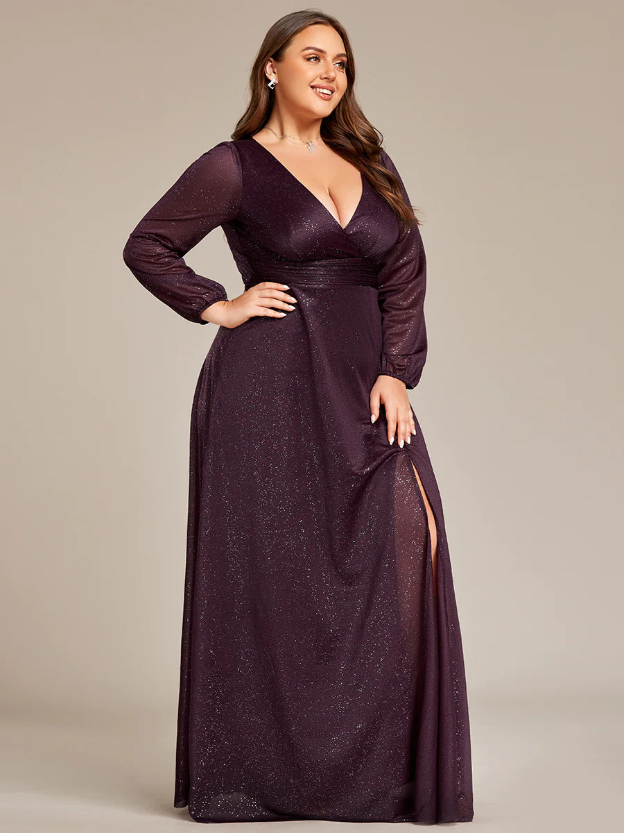 Long Sleeve V-Neck Thigh Slit Bridesmaid Dress - CALABRO®