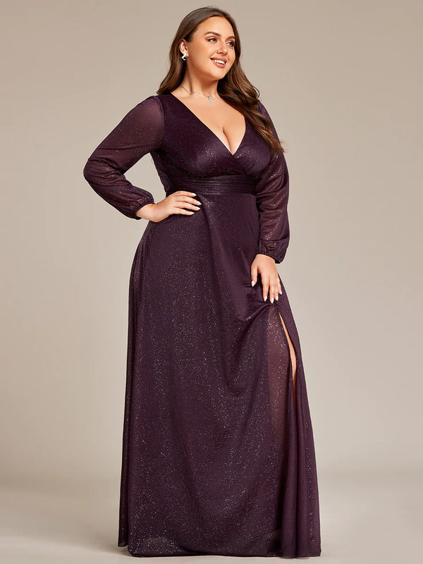 Long Sleeve V-Neck Thigh Slit Bridesmaid Dress