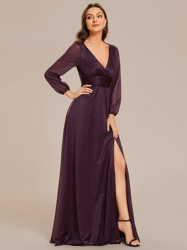 Shiny Deep V Neck Evening Gown With Short Sleeves