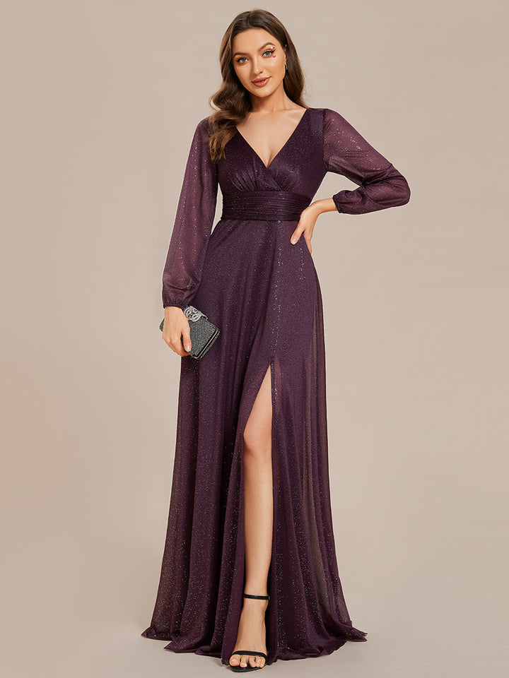 Shiny Deep V Neck Evening Gown With Short Sleeves - CALABRO®