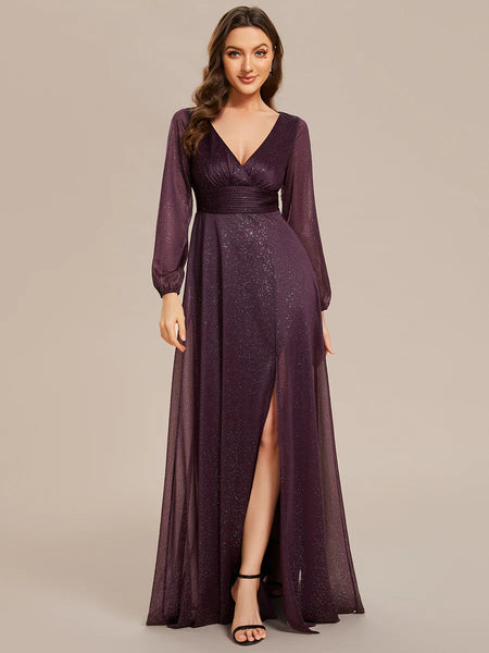 Long Sleeve V-Neck Thigh Slit Bridesmaid Dress