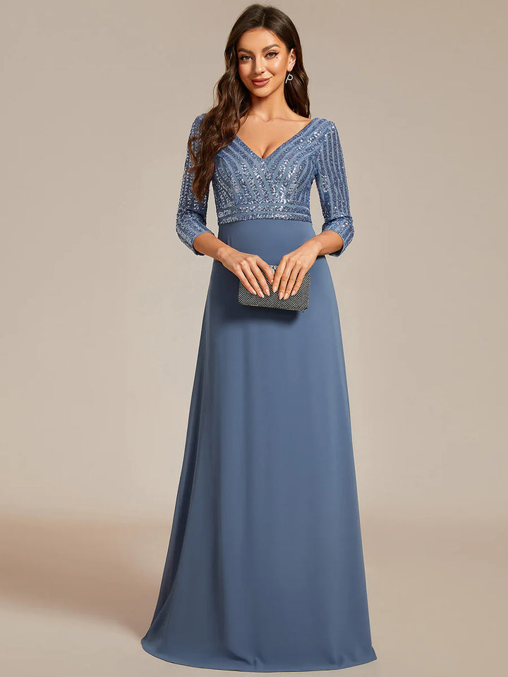 Sexy V Neck A-Line Sequin Bridesmaid Dresses With 3/4 Sleeve - CALABRO®