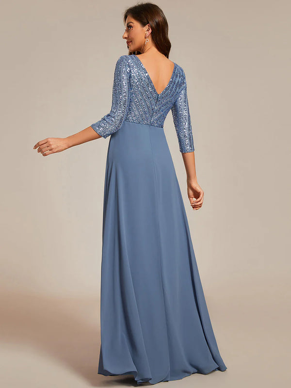 Sexy V Neck A Line Sequin Bridesmaid Dresses With 3 4 Sleeve