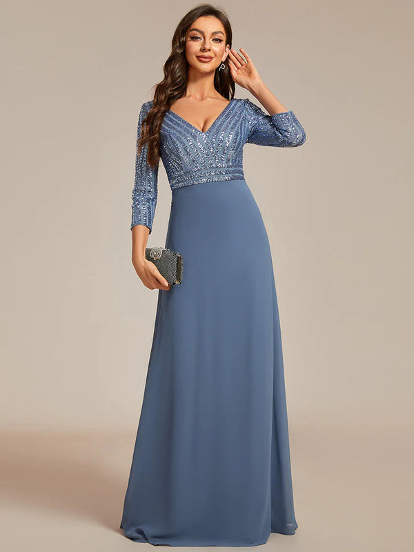 Sexy V Neck A-Line Sequin Bridesmaid Dresses With 3/4 Sleeve