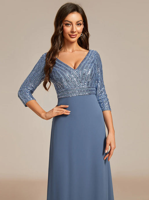 Sexy V Neck A Line Sequin Bridesmaid Dresses With 3 4 Sleeve