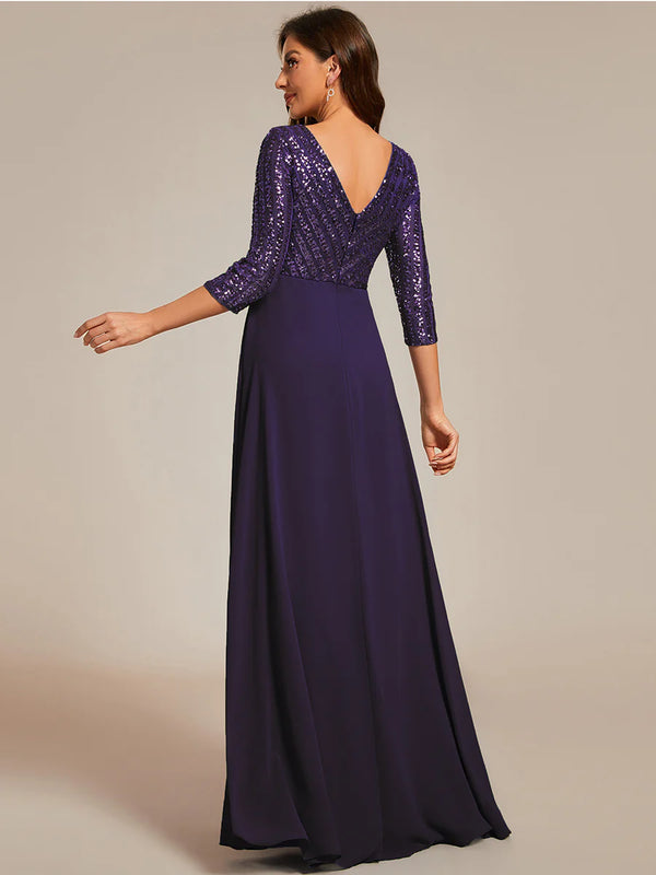 Sexy V Neck A Line Sequin Bridesmaid Dresses With 3 4 Sleeve