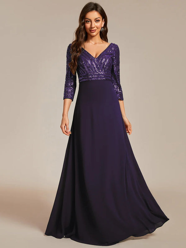 Sexy V Neck A-Line Sequin Bridesmaid Dresses With 3/4 Sleeve