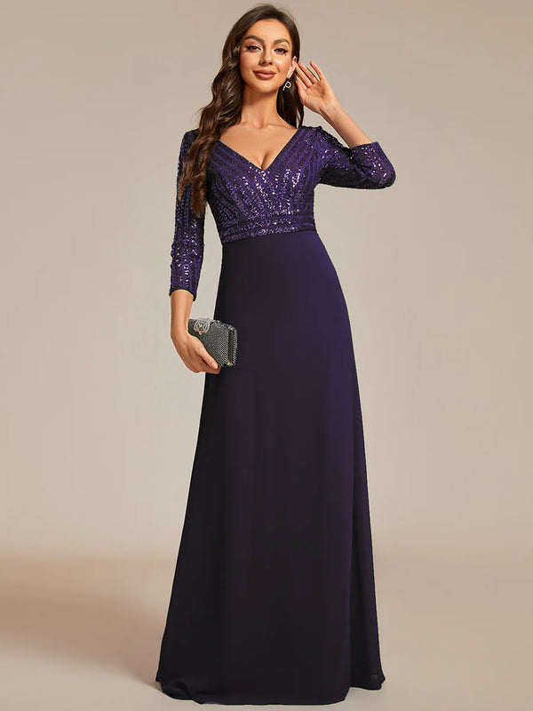 Sexy V Neck A-Line Sequin Bridesmaid Dresses With 3/4 Sleeve