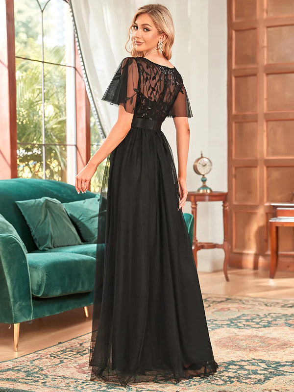 Sequin Print Maxi Long Bridesmaid Dress with Cap Sleeve