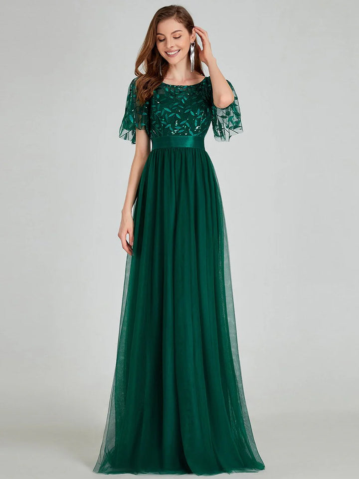 Sequin Print Maxi Long Evening Dresses with Cap Sleeve