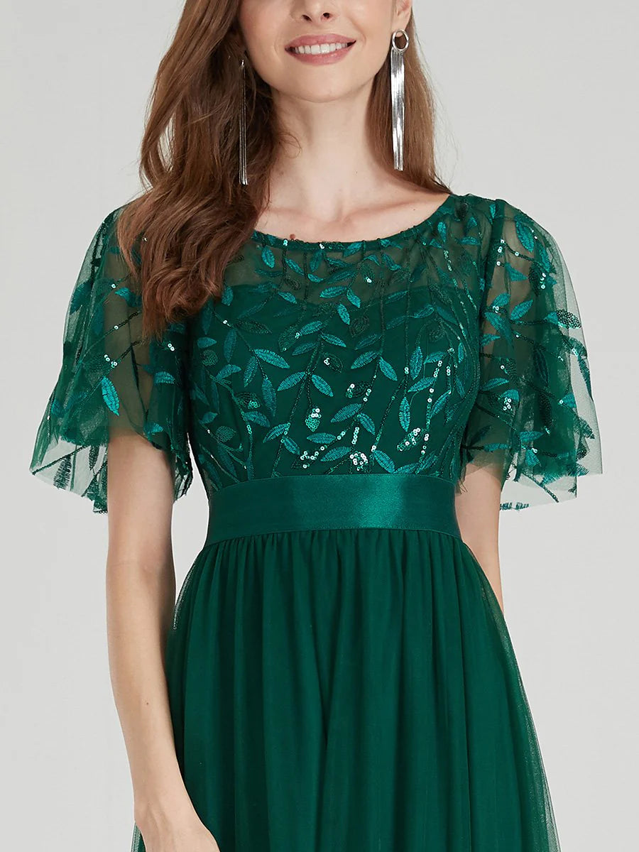 Sequin Print Maxi Long Evening Dresses with Cap Sleeve