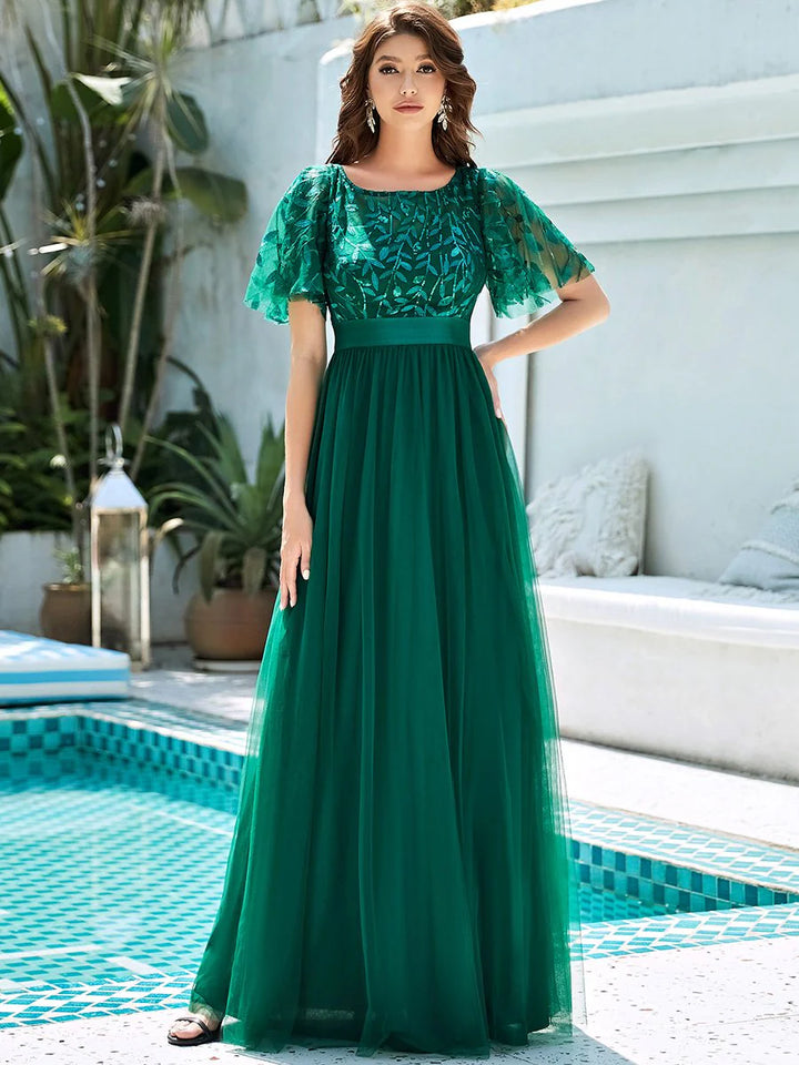 Sequin Print Maxi Long Evening Dresses with Cap Sleeve
