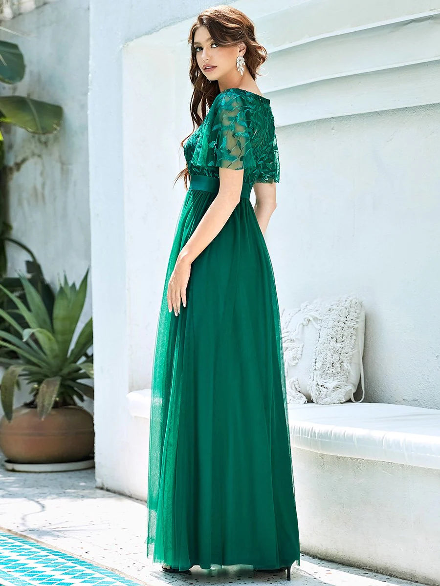Sequin Print Maxi Long Evening Dresses with Cap Sleeve