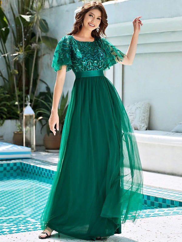 Sequin Print Maxi Long Bridesmaid Dress with Cap Sleeve