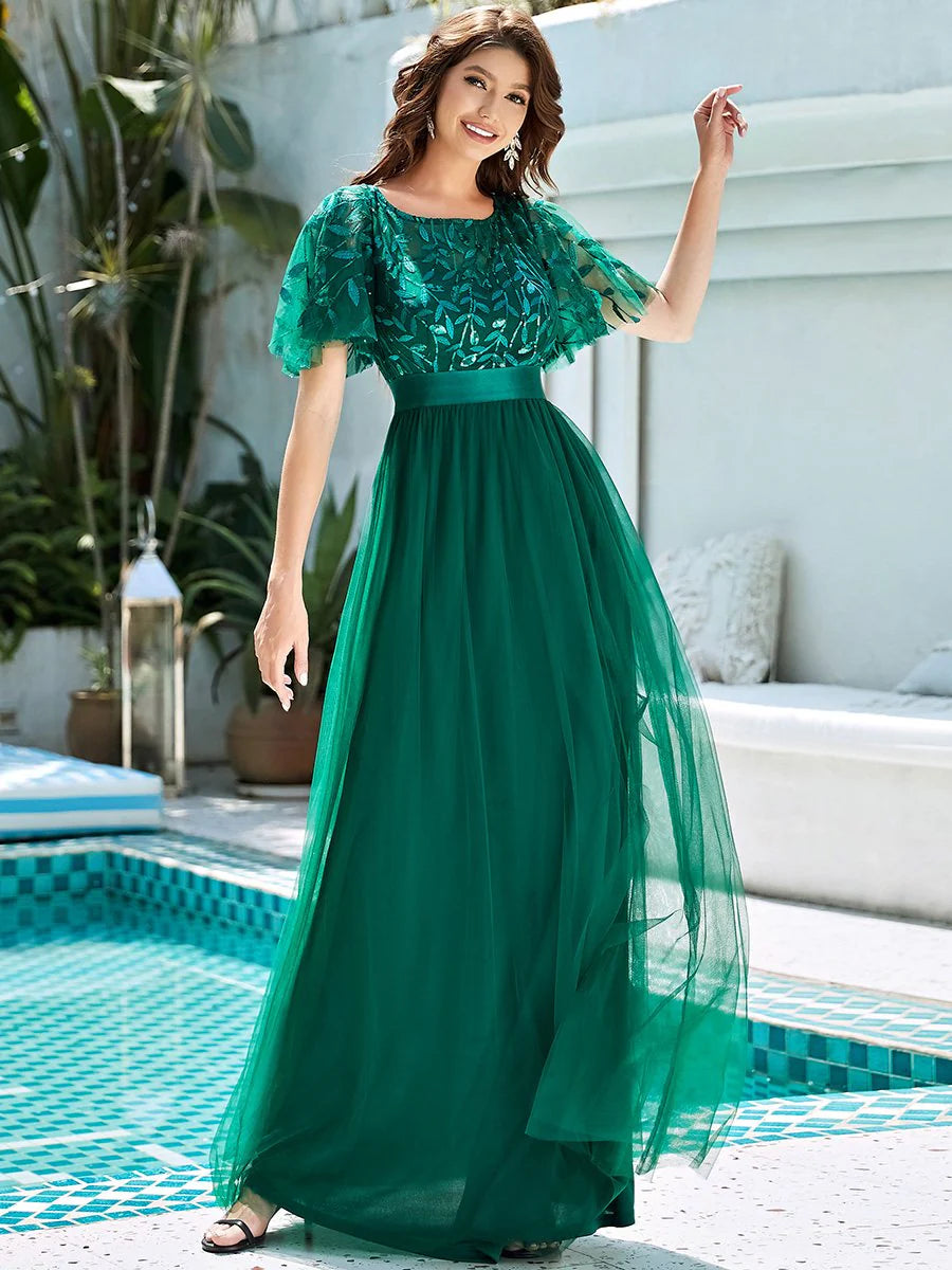 Sequin Print Maxi Long Evening Dresses with Cap Sleeve