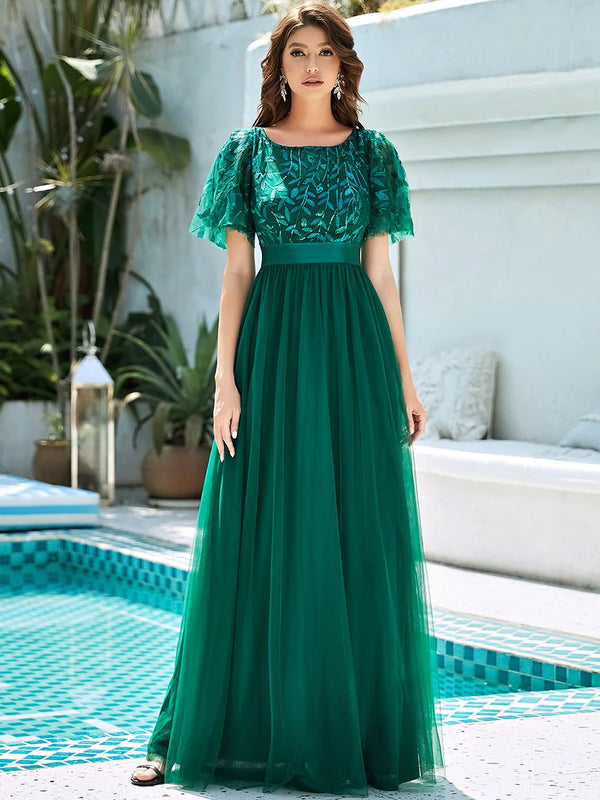 Sequin Print Maxi Long Bridesmaid Dress with Cap Sleeve