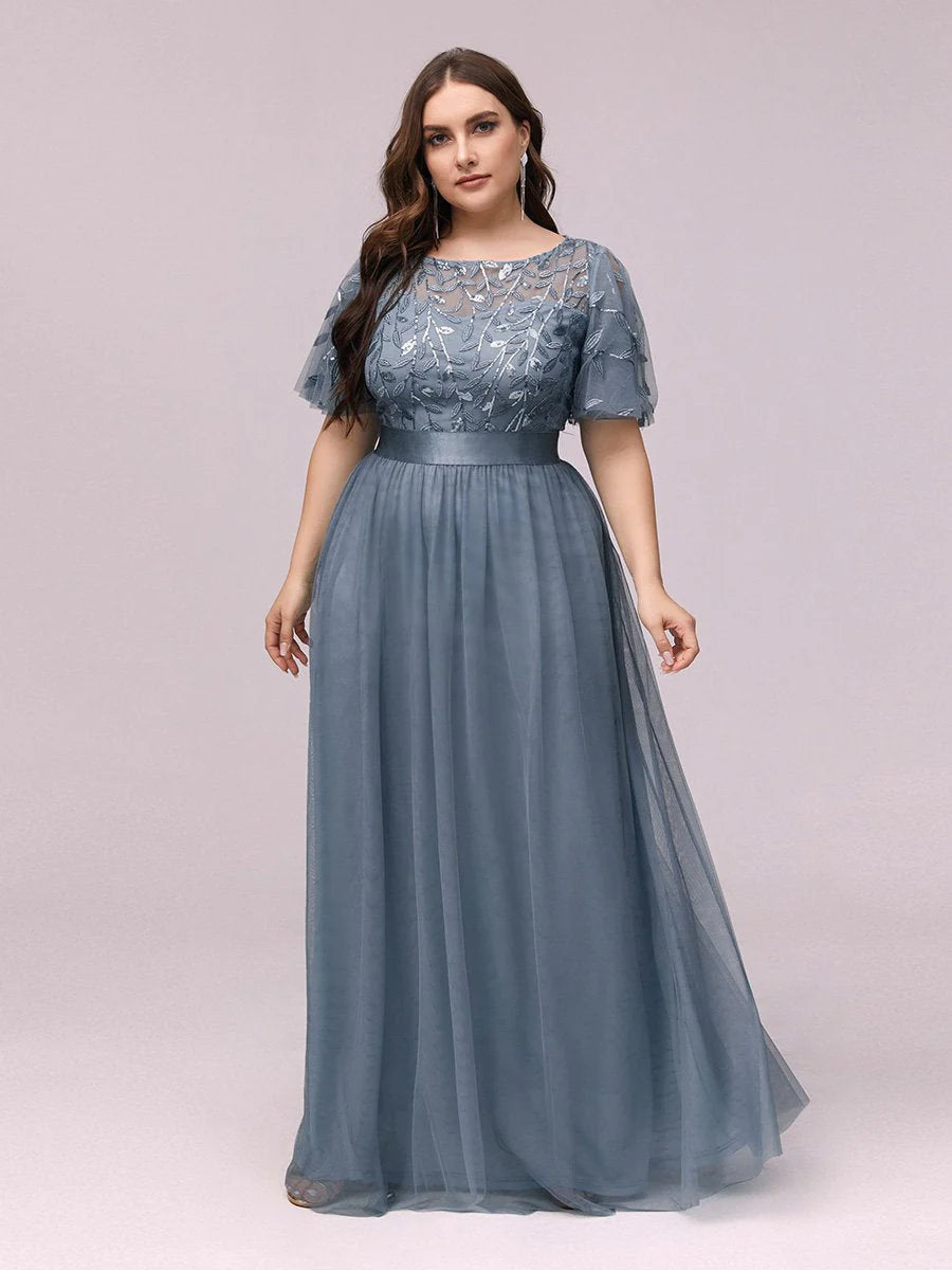 Sequin Print Plus Size Evening Dresses with Cap Sleeve