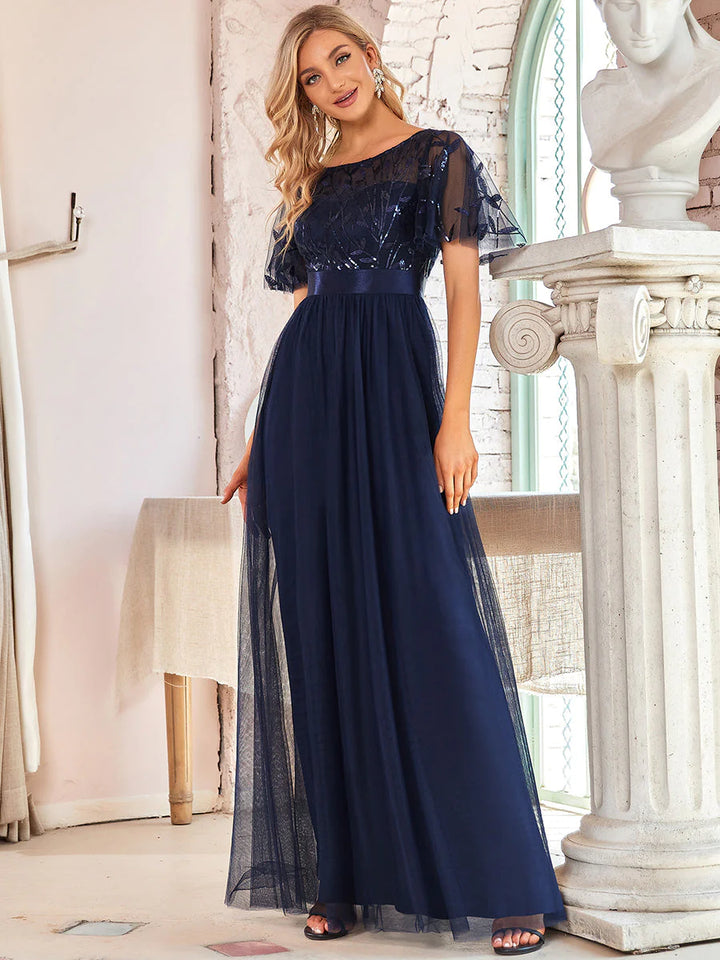 Sequin Print Floor-length Bridesmaid Dress with Cap Sleeve - CALABRO®