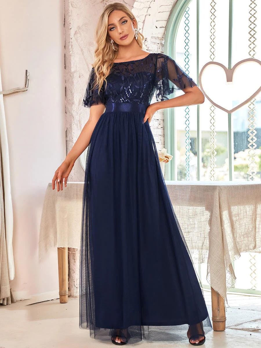 Sequin Print Floor-length Bridesmaid Dress with Cap Sleeve - CALABRO®