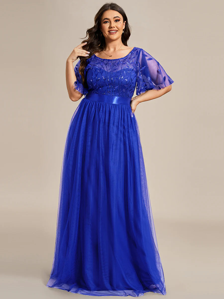 Sequin Print Plus Size Evening Dresses with Cap Sleeve - CALABRO®