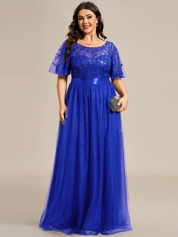 Sequin Print Plus Size Evening Dresses with Cap Sleeve