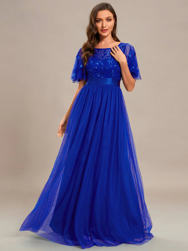 Sequin Print Maxi Long Bridesmaid Dress with Cap Sleeve