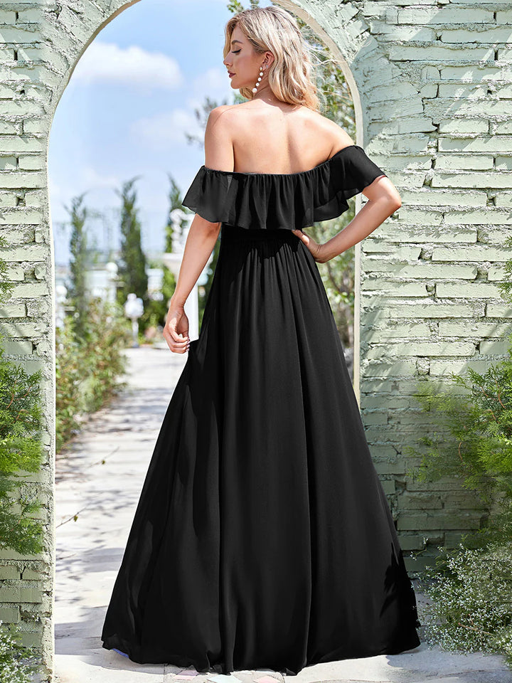 Thigh Slit Off Shoulder Straight Bridesmaid Dress - CALABRO®