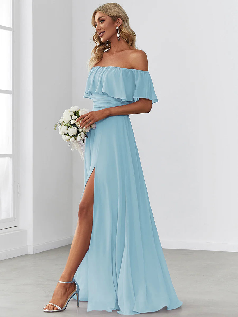 Thigh Slit Off Shoulder Straight Bridesmaid Dress - CALABRO®