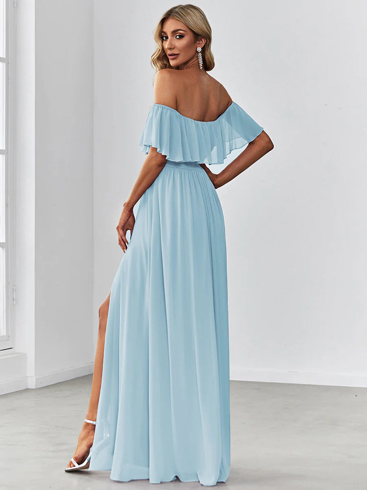 Thigh Slit Off Shoulder Straight Bridesmaid Dress - CALABRO®