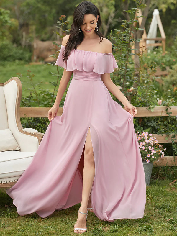 Thigh Slit Off Shoulder Straight Bridesmaid Dress