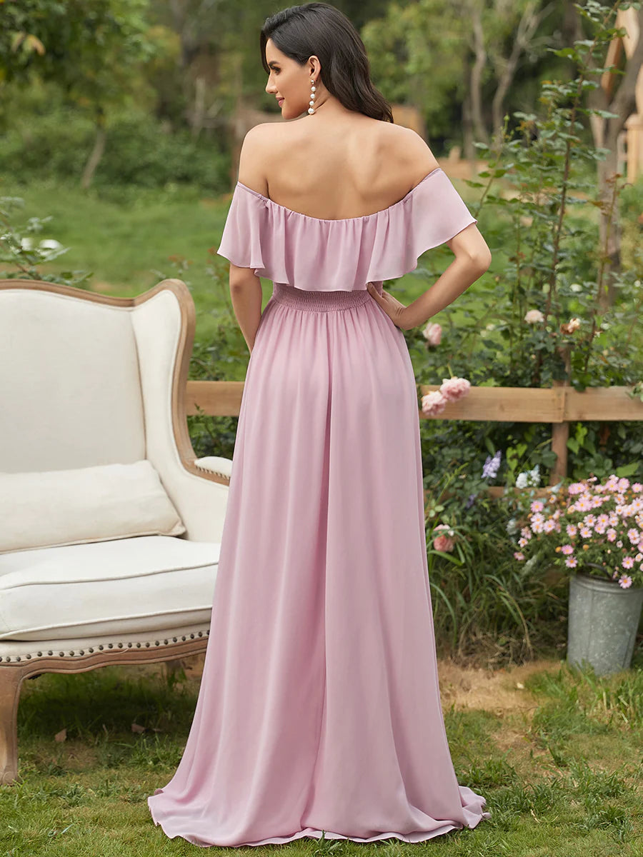 Thigh Slit Off Shoulder Straight Bridesmaid Dress - CALABRO®