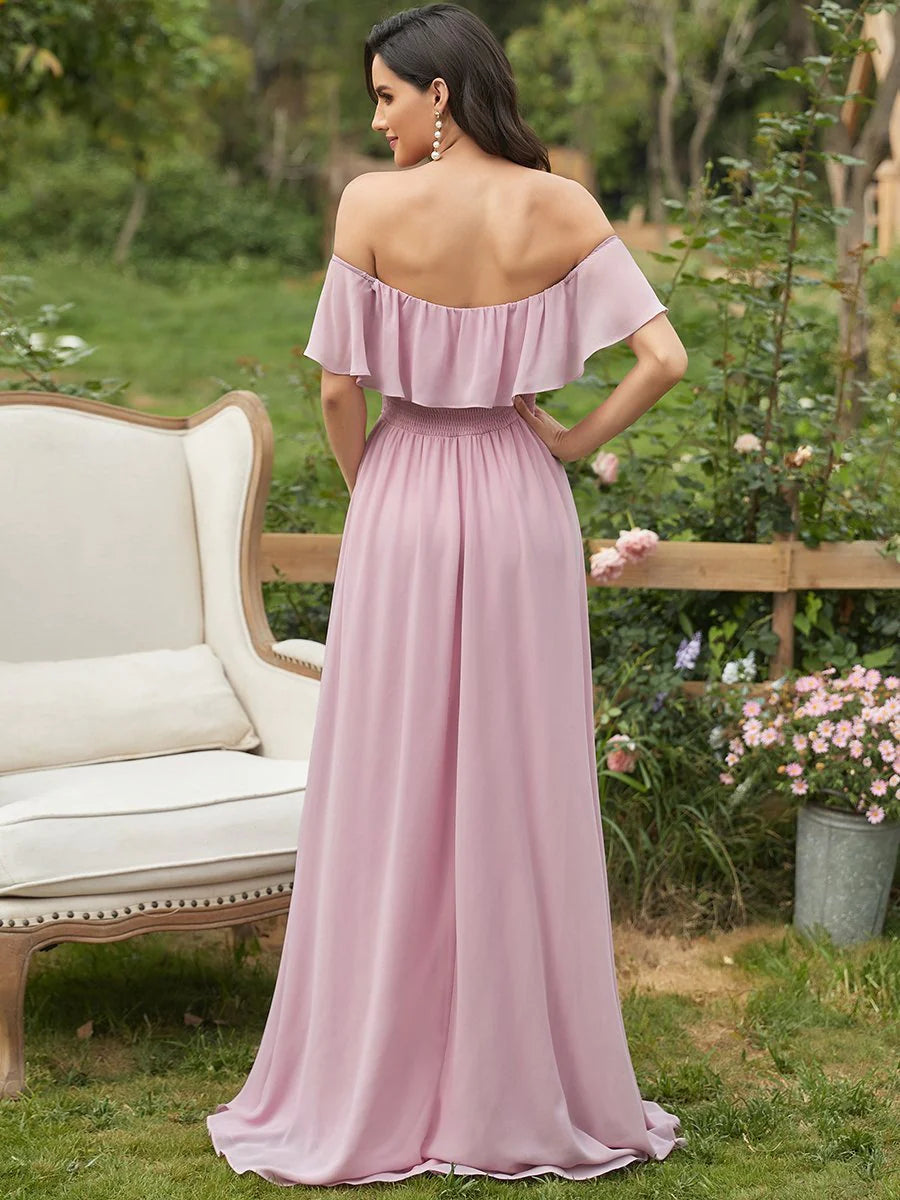 Off the Shoulder High Split Bridesmaid Dress - CALABRO®